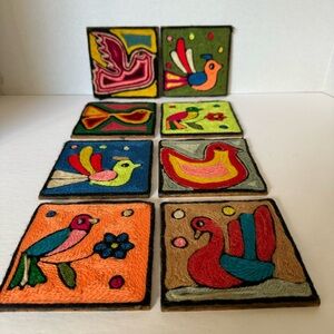 8 Huichol Indian Mexican Folk Art String Paintings Wood Backed Tiles 4”